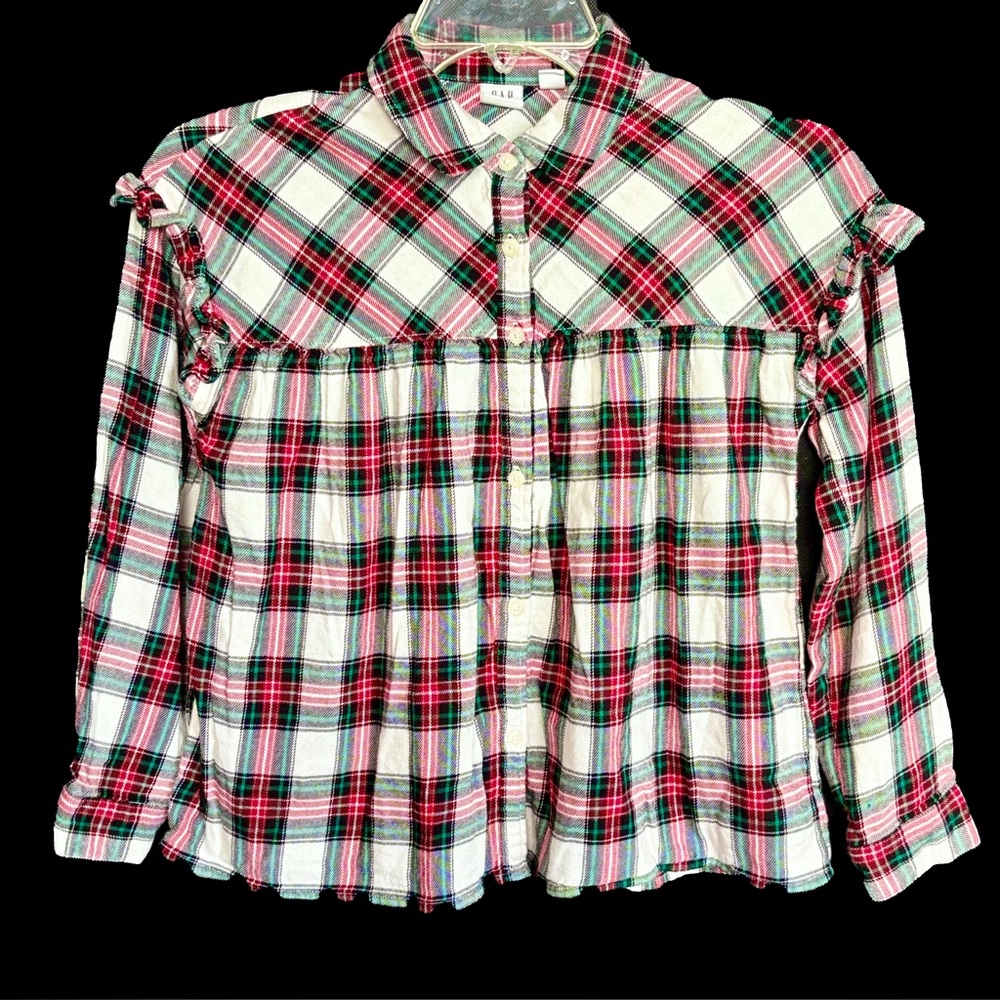 Girls~GAP KIDS~Red & Green Plaid Button Up Shirt~Ruffles~CHRISTMAS~SIZE 8~SKU059